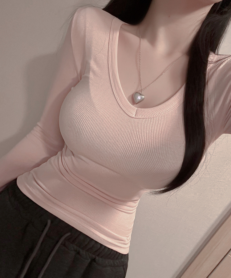 잘록허리 롱기장 롱슬리브 골반기장 브이넥 여리소매 긴팔 티 핑크