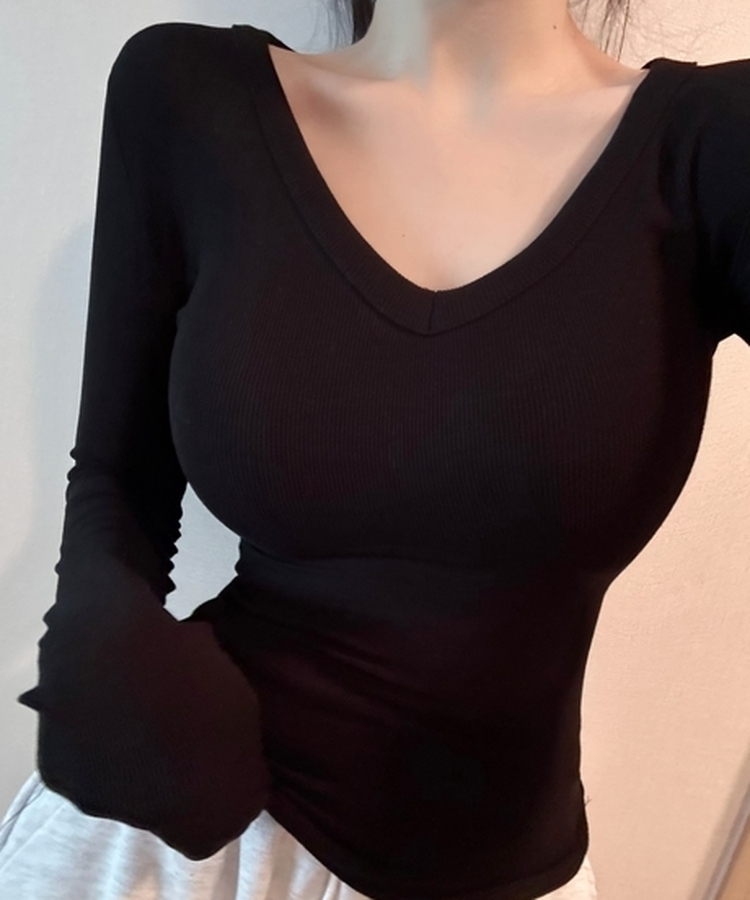 잘록허리 롱기장 롱슬리브 골반기장 브이넥 여리소매 긴팔 티 블랙