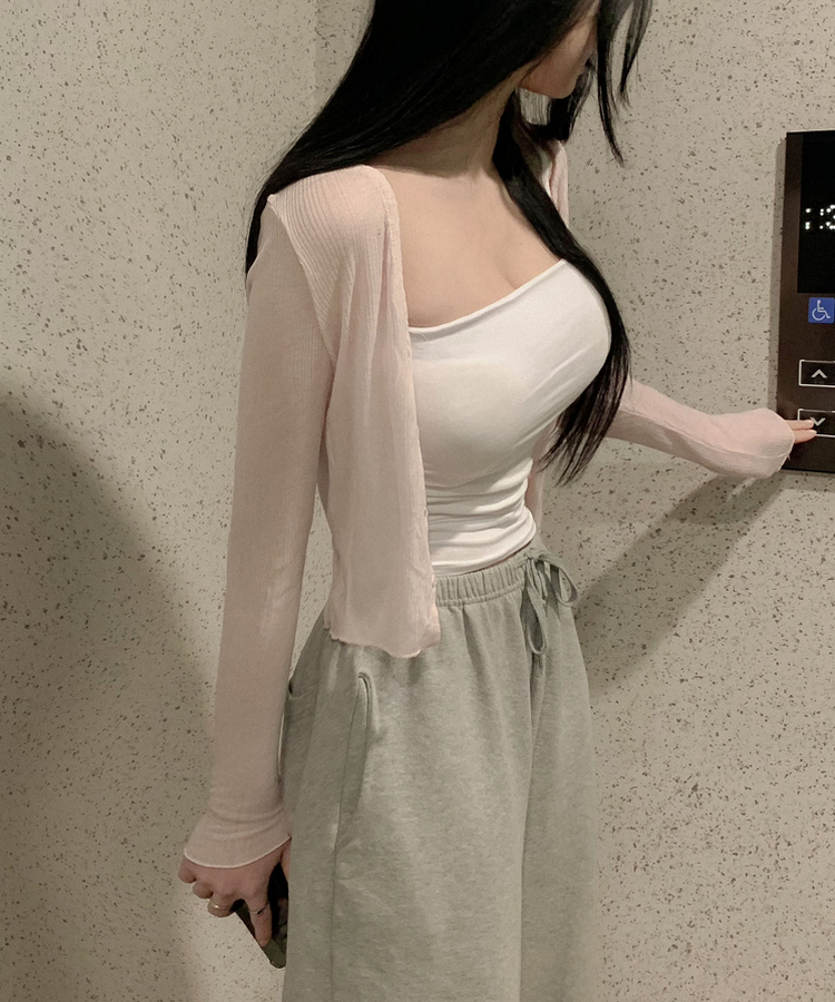 벚꽃살랑 울 텐셀 시스루 크롭 루즈핏 롱슬리브 레이어드 가디건 핑크