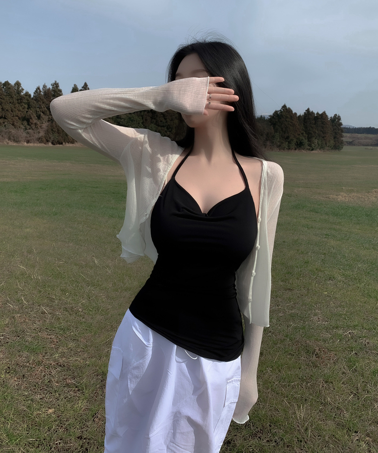 벚꽃살랑 울 텐셀 시스루 크롭 루즈핏 롱슬리브 레이어드 가디건 아이보리