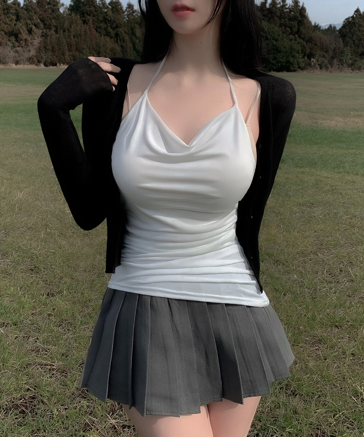벚꽃살랑 울 텐셀 시스루 크롭 루즈핏 롱슬리브 레이어드 가디건 블랙