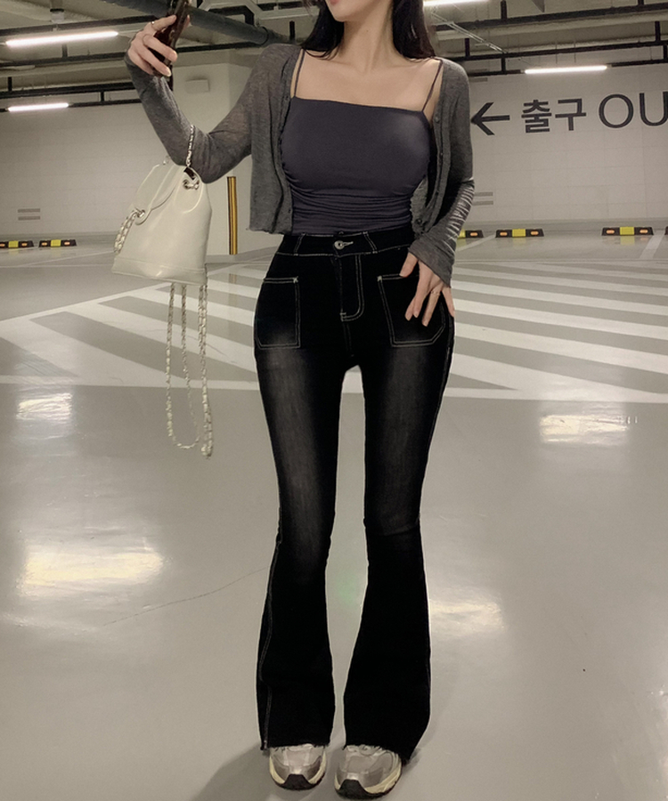 벚꽃살랑 울 텐셀 시스루 크롭 루즈핏 롱슬리브 레이어드 가디건 차콜