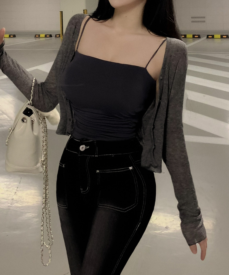 벚꽃살랑 울 텐셀 시스루 크롭 루즈핏 롱슬리브 레이어드 가디건 차콜