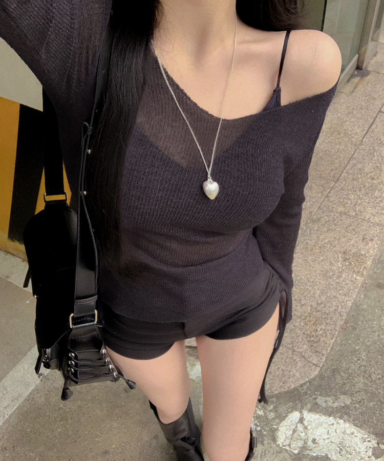 살안타템 청순 린넨 허얇골넓 여름니트 브이넥 부클 망사 시스루 그물 긴팔티셔츠 블랙