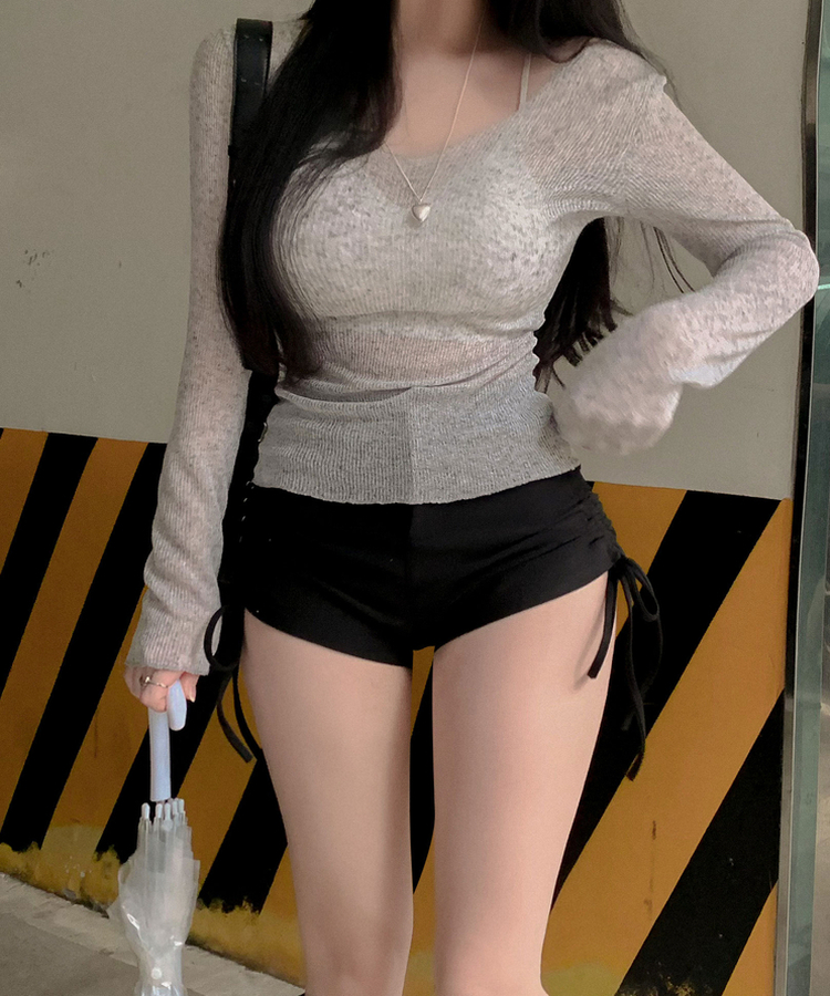 살안타템 청순 린넨 허얇골넓 여름니트 브이넥 부클 망사 시스루 그물 긴팔티셔츠 오트밀