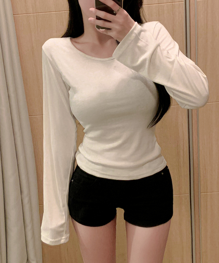 모달 코튼 허리잘록 낭낭소매 팔뚝삭제 긴팔 롱슬리브 무지 이너 라운드넥 유넥 티셔츠 아이보리