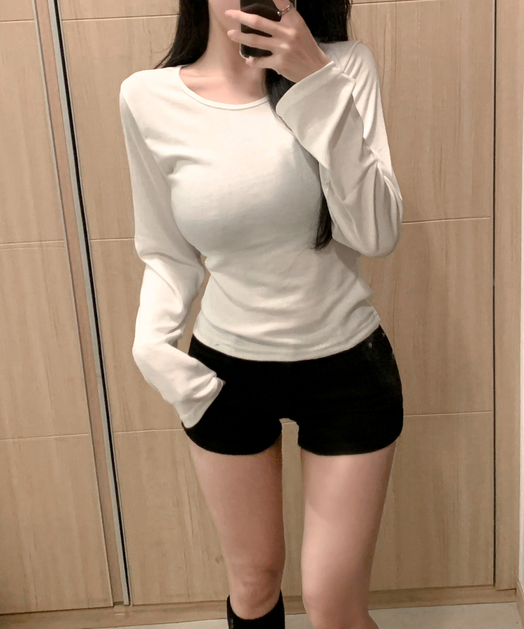 모달 코튼 허리잘록 낭낭소매 팔뚝삭제 긴팔 롱슬리브 무지 이너 라운드넥 유넥 티셔츠 아이보리