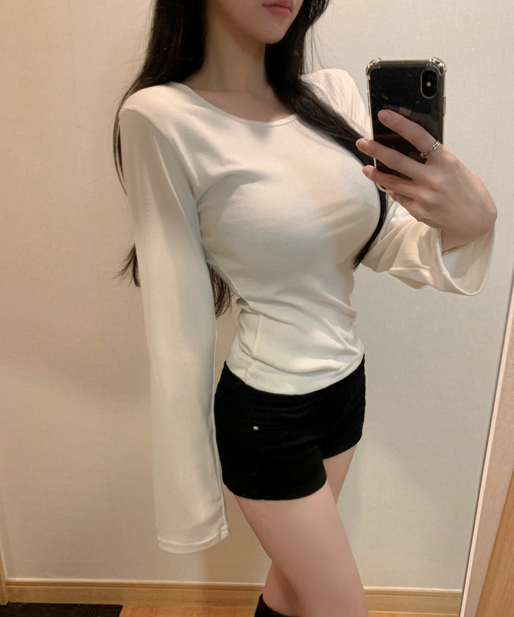 모달 코튼 허리잘록 낭낭소매 팔뚝삭제 긴팔 롱슬리브 무지 이너 라운드넥 유넥 티셔츠 아이보리
