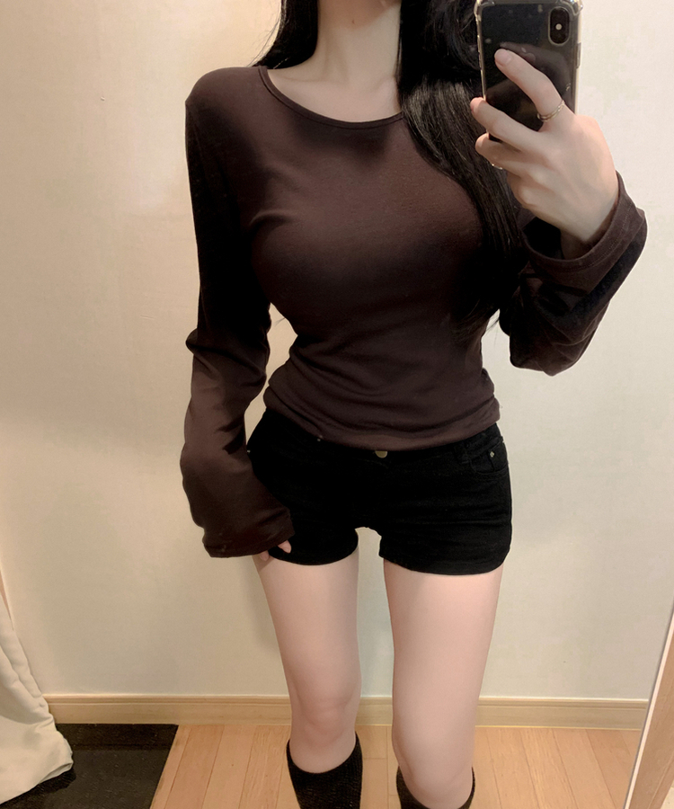 모달 코튼 허리잘록 낭낭소매 팔뚝삭제 긴팔 롱슬리브 무지 이너 라운드넥 유넥 티셔츠 브라운