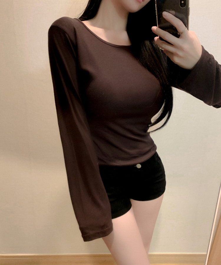 모달 코튼 허리잘록 낭낭소매 팔뚝삭제 긴팔 롱슬리브 무지 이너 라운드넥 유넥 티셔츠 브라운