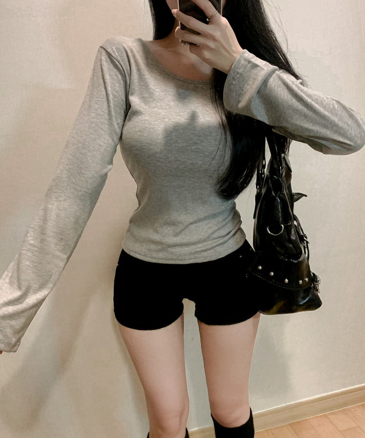 모달 코튼 허리잘록 낭낭소매 팔뚝삭제 긴팔 롱슬리브 무지 이너 라운드넥 유넥 티셔츠 그레이