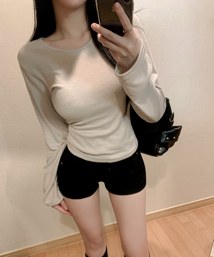 모달 코튼 허리잘록 낭낭소매 팔뚝삭제 긴팔 롱슬리브 무지 이너 라운드넥 유넥 티셔츠 베이지