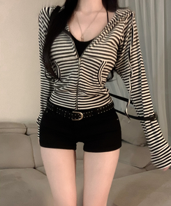 コットンストライプフードジップアップ IVORY