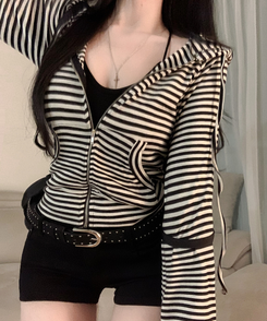 コットンストライプフードジップアップ IVORY