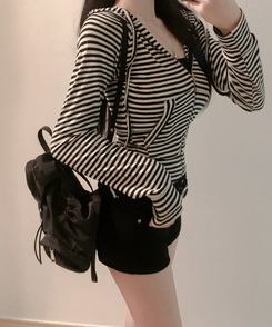 コットンストライプフードジップアップ IVORY