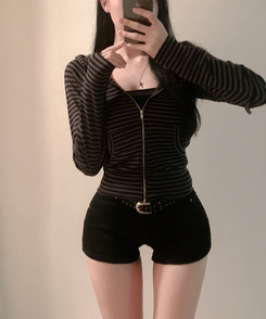 コットンストライプフードジップアップ CHARCOAL