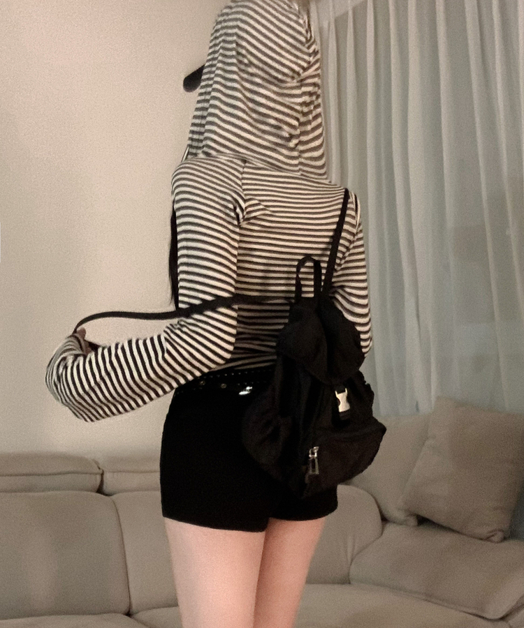 コットンストライプフードジップアップ IVORY