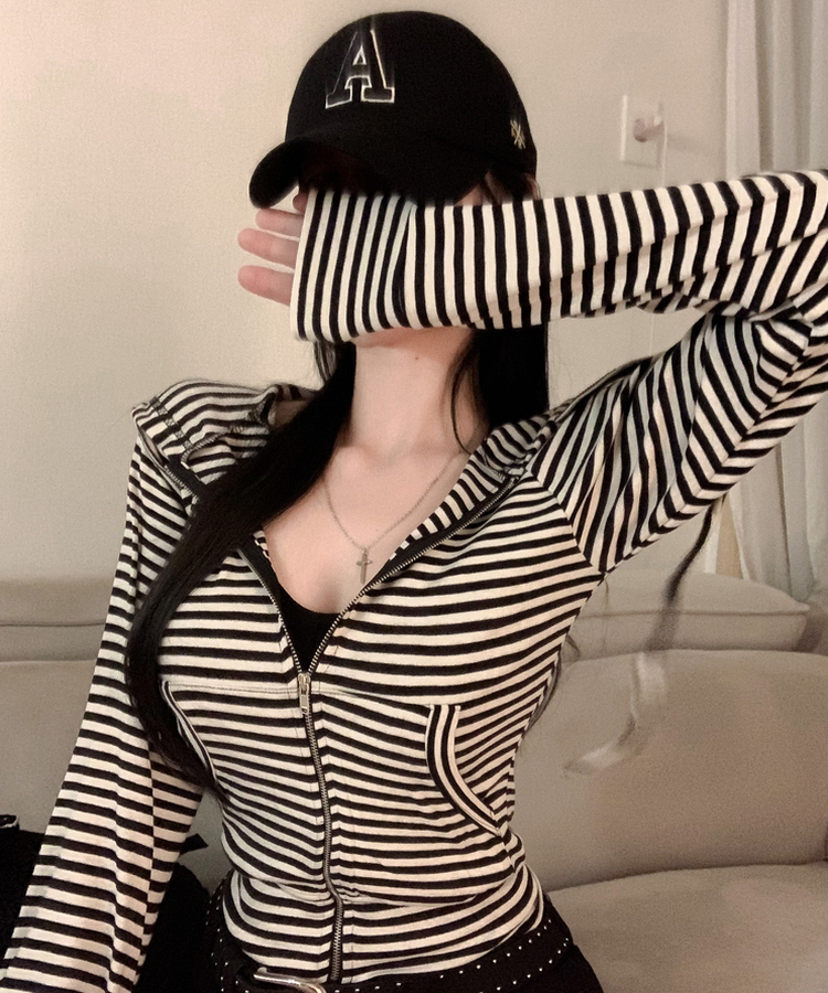 コットンストライプフードジップアップ IVORY