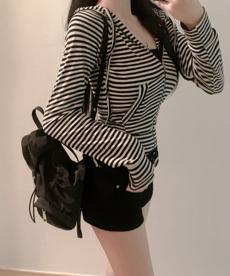 コットンストライプフードジップアップ IVORY