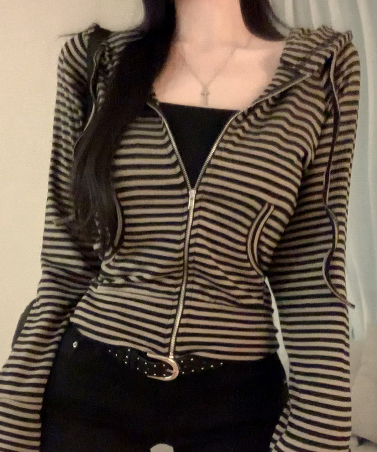 コットンストライプフードジップアップ KHAKI