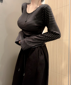 ボーダーUネック長袖Tシャツ CHARCOAL