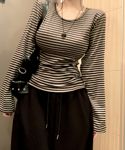 ボーダーUネック長袖Tシャツ KHAKI