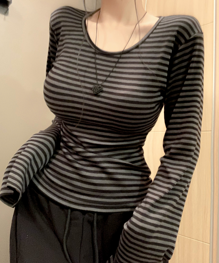 ボーダーUネック長袖Tシャツ CHARCOAL