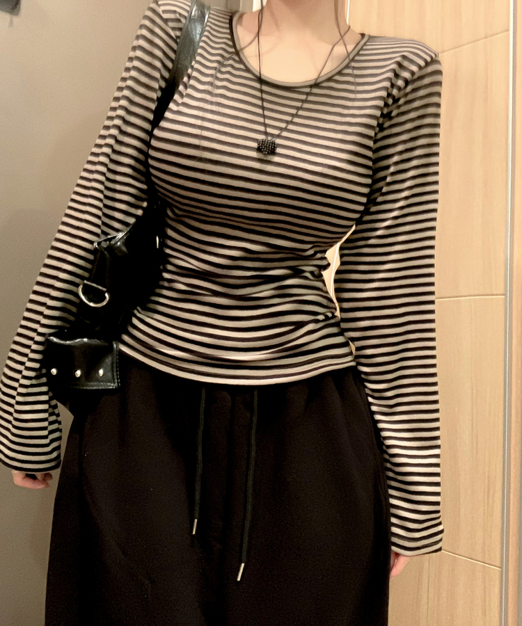 ボーダーUネック長袖Tシャツ KHAKI