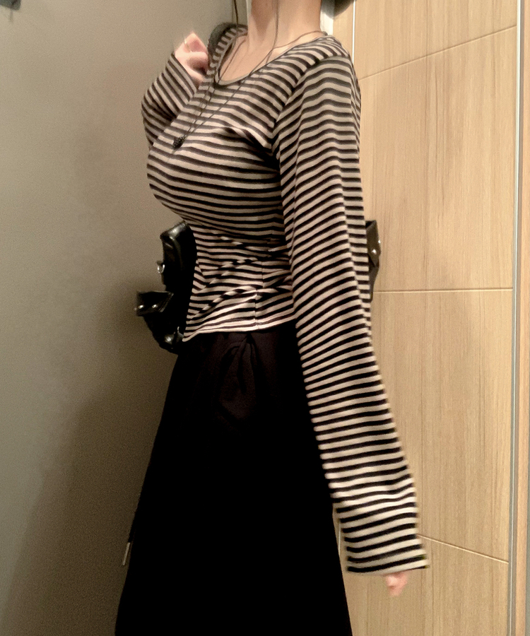 ボーダーUネック長袖Tシャツ KHAKI