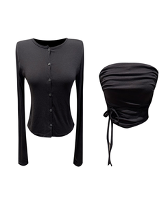 간절기추천 셔링 스트랩 튜브탑 뷔스티에 나시탑 버튼 단추 가디건 세트