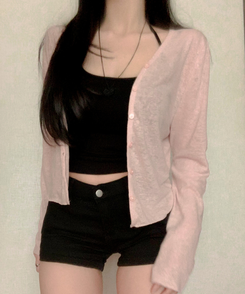 リネンセミクロップカーディガン(6color) PINK