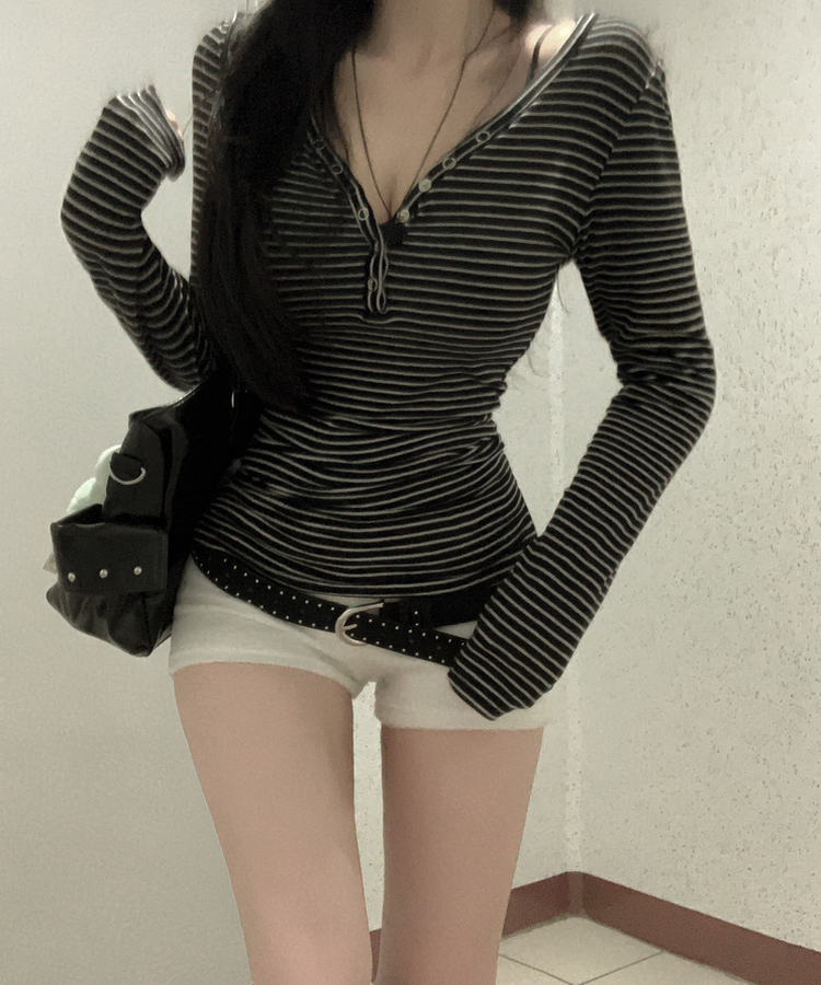 카피주의 단가라 스트라이프 앙고라 울 치즈 쫀쫀 스냅 또또 버튼 브이넥 오프숄더 롱슬리브 긴팔티셔츠 가을이너 겨울이너 블랙