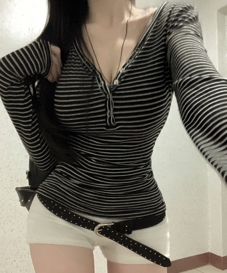 카피주의 단가라 스트라이프 앙고라 울 치즈 쫀쫀 스냅 또또 버튼 브이넥 오프숄더 롱슬리브 긴팔티셔츠 가을이너 겨울이너 블랙