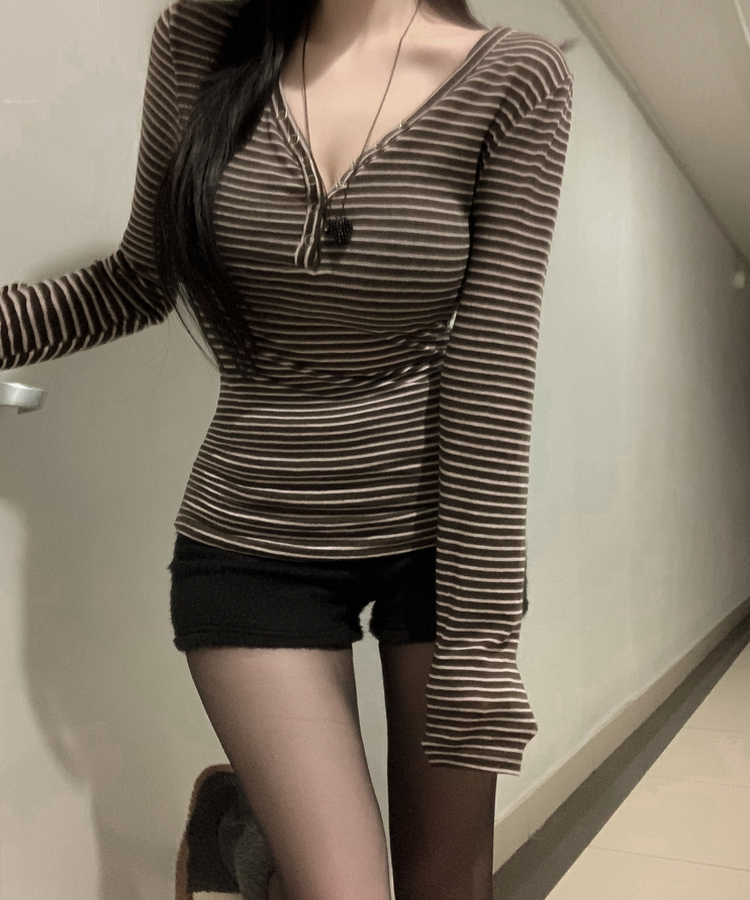 카피주의 단가라 스트라이프 앙고라 울 치즈 쫀쫀 스냅 또또 버튼 브이넥 오프숄더 롱슬리브 긴팔티셔츠 가을이너 겨울이너 카키