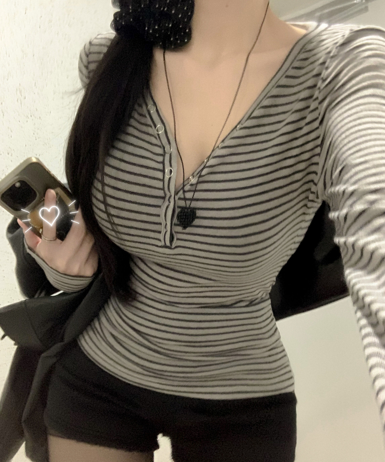 카피주의 단가라 스트라이프 앙고라 울 치즈 쫀쫀 스냅 또또 버튼 브이넥 오프숄더 롱슬리브 긴팔티셔츠 가을이너 겨울이너 그레이