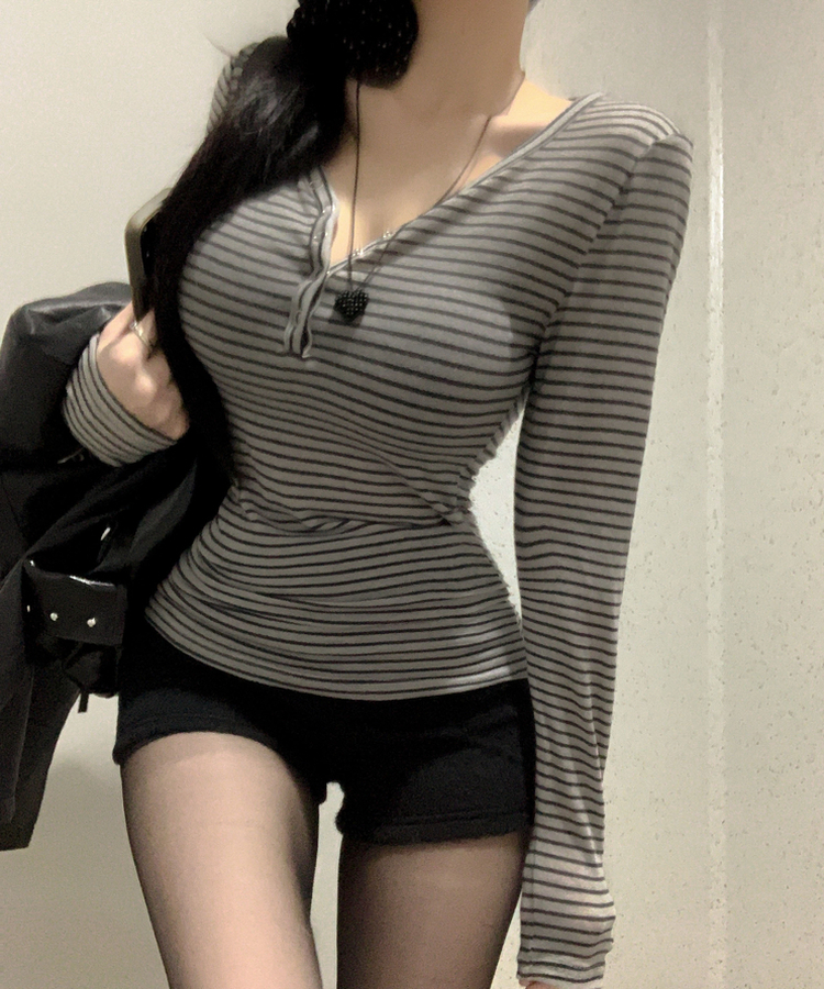 카피주의 단가라 스트라이프 앙고라 울 치즈 쫀쫀 스냅 또또 버튼 브이넥 오프숄더 롱슬리브 긴팔티셔츠 가을이너 겨울이너 그레이