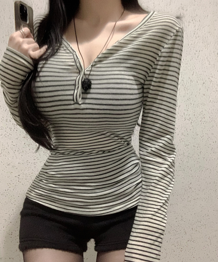 카피주의 단가라 스트라이프 앙고라 울 치즈 쫀쫀 스냅 또또 버튼 브이넥 오프숄더 롱슬리브 긴팔티셔츠 가을이너 겨울이너 아이보리