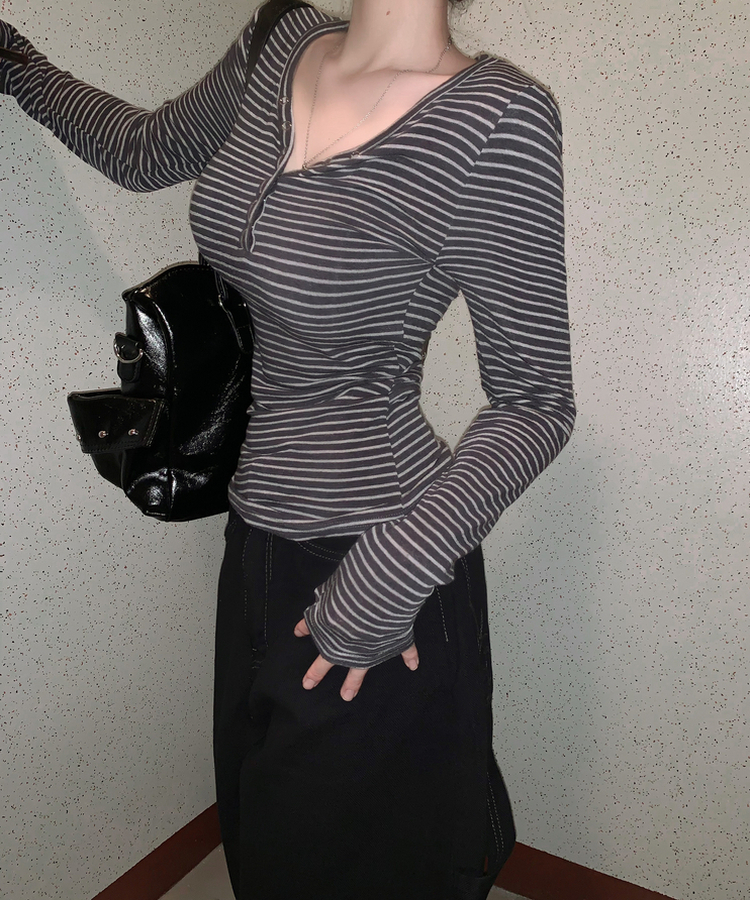 카피주의 단가라 스트라이프 앙고라 울 치즈 쫀쫀 스냅 또또 버튼 브이넥 오프숄더 롱슬리브 긴팔티셔츠 가을이너 겨울이너 먹색