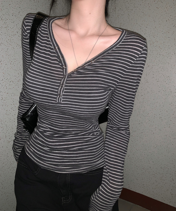 카피주의 단가라 스트라이프 앙고라 울 치즈 쫀쫀 스냅 또또 버튼 브이넥 오프숄더 롱슬리브 긴팔티셔츠 가을이너 겨울이너 먹색