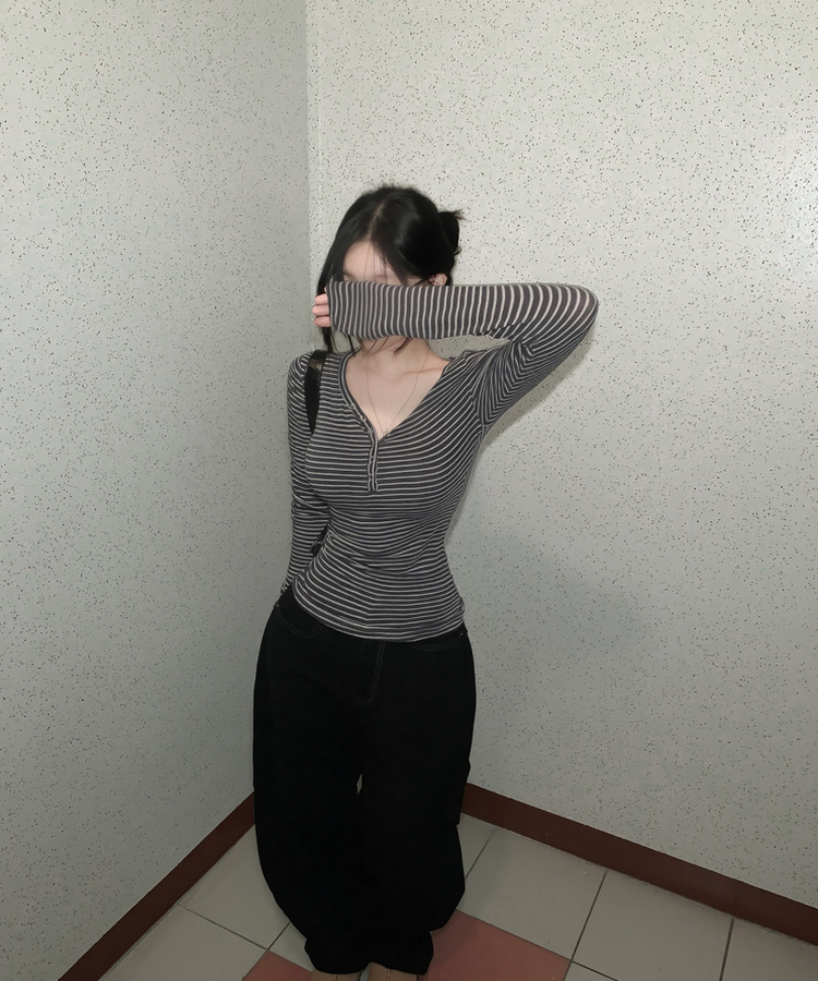 카피주의 단가라 스트라이프 앙고라 울 치즈 쫀쫀 스냅 또또 버튼 브이넥 오프숄더 롱슬리브 긴팔티셔츠 가을이너 겨울이너 먹색