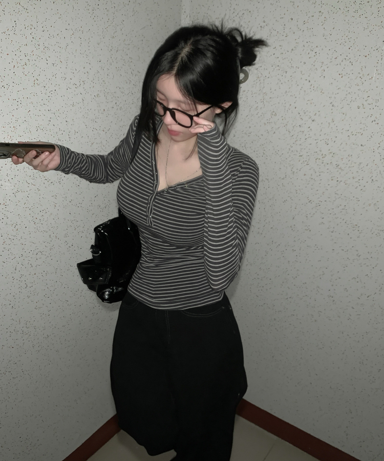 카피주의 단가라 스트라이프 앙고라 울 치즈 쫀쫀 스냅 또또 버튼 브이넥 오프숄더 롱슬리브 긴팔티셔츠 가을이너 겨울이너 먹색