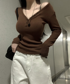 Vネックレイヤードオフ長袖Tシャツ(6color) BROWN