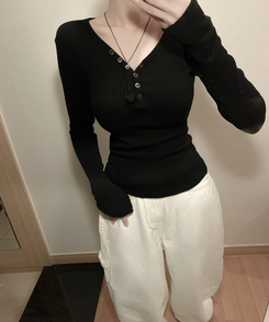 Vネックレイヤードオフ長袖Tシャツ(6color) BLACK