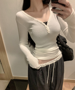 Vネックレイヤードオフ長袖Tシャツ(6color) IVORY