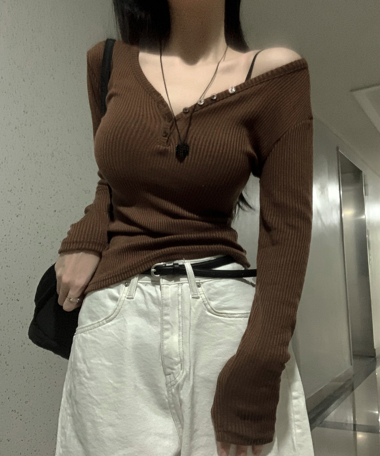 Vネックレイヤードオフ長袖Tシャツ(6color) BROWN