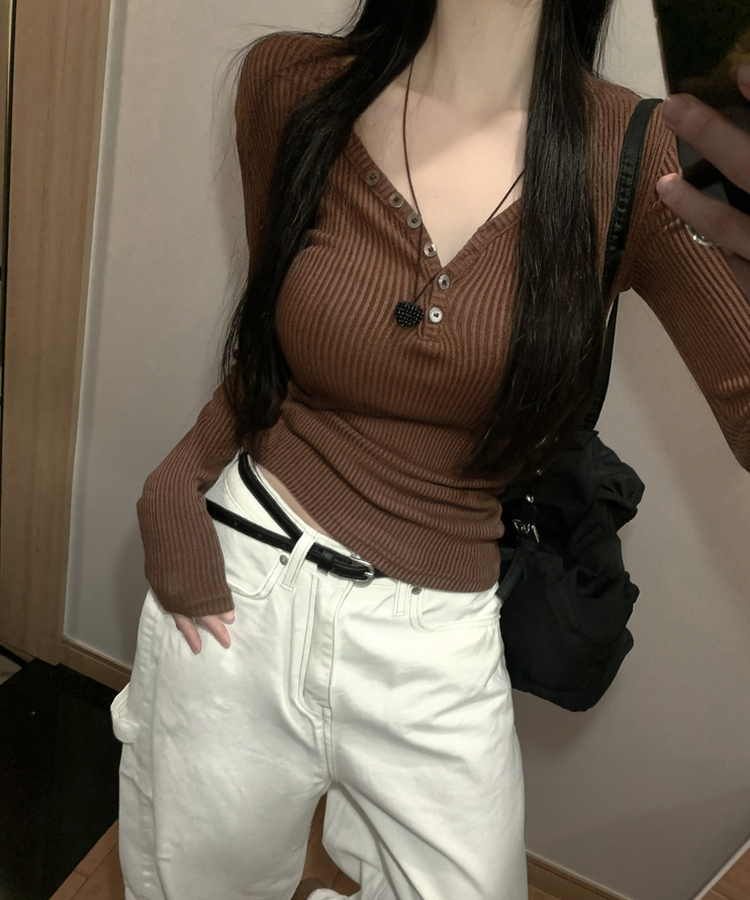 Vネックレイヤードオフ長袖Tシャツ(6color) BROWN