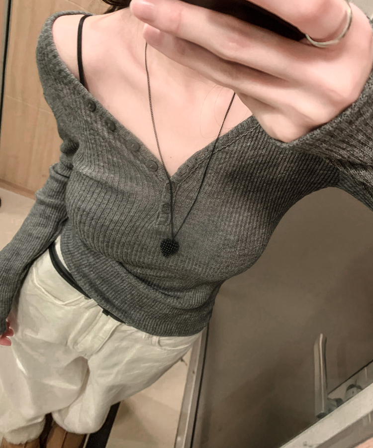 Vネックレイヤードオフ長袖Tシャツ(6color) CHARCOAL