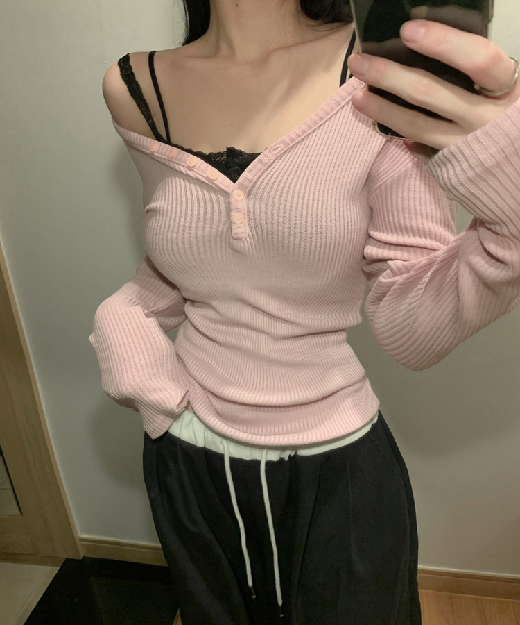 Vネックレイヤードオフ長袖Tシャツ(6color) PINK