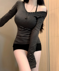 Vネックワンオフボタン長袖Tシャツ CHARCOAL