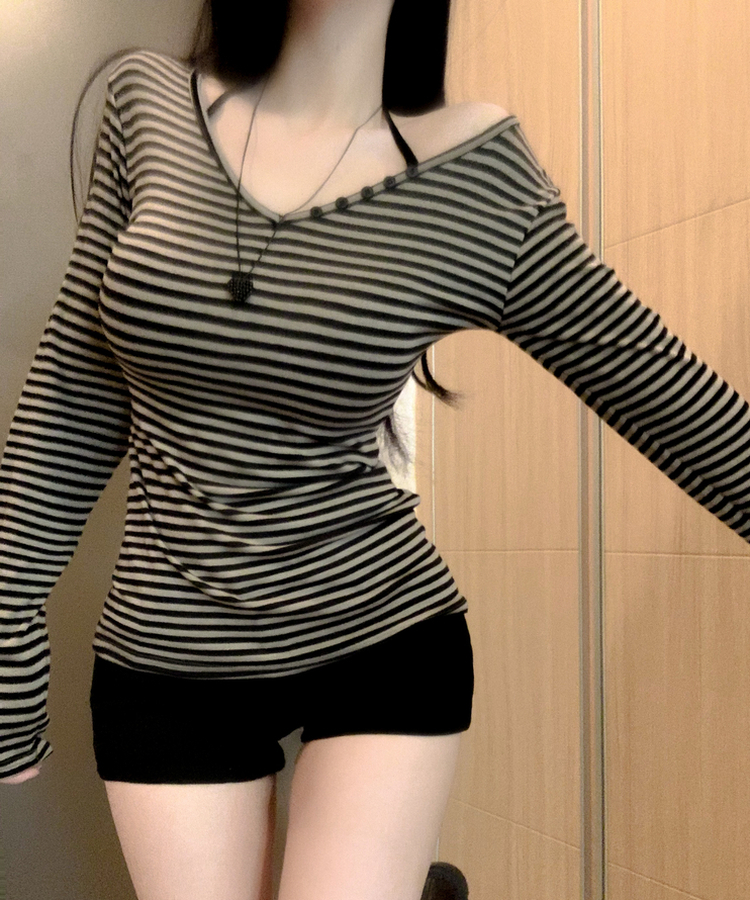 Vネックワンオフボタン長袖Tシャツ KHAKI